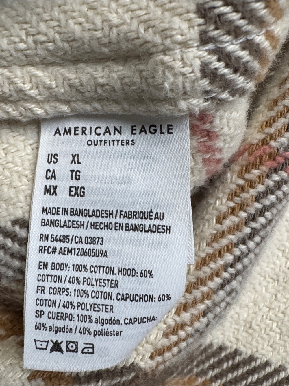 AMERICAN EAGLE HOODED FLANNEL SHIRT FROSTY CREAM PLAID BAJA BUTTON UP SHACKET - Picture 13 of 13